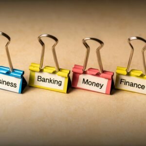 Close-up of binder clips with labels for business, banking, money, and finance concepts.