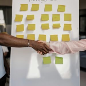 Colleagues shaking hands in front of a marketing board during a business meeting.