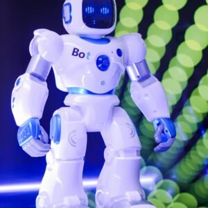 High-tech humanoid robot with glowing LED display and futuristic design.