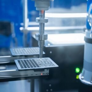 Close-up of robotic arm automating lab processes with precision.